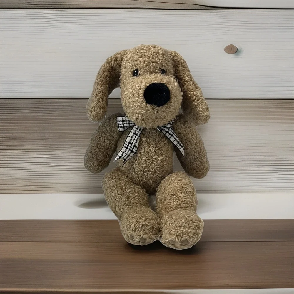 Chosun Tan Dog Plush Black White Plaid Bow Scruffy Shaggy 12